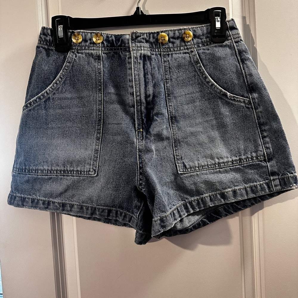 Habitual High-Rise Denim Shorts in Washed Blue with Gold Buttons
